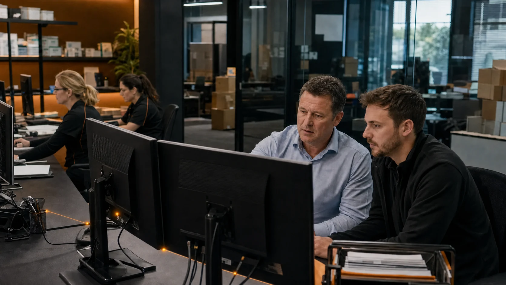 Business manager reviewing approved applications with an IT technician