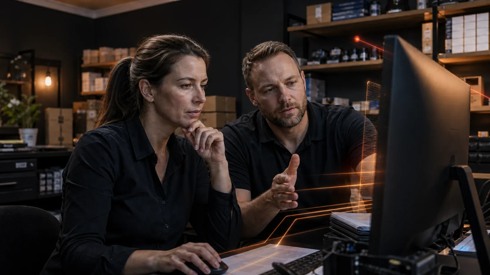 Wholesale business manager reviewing a suspicious email with an IT adviser