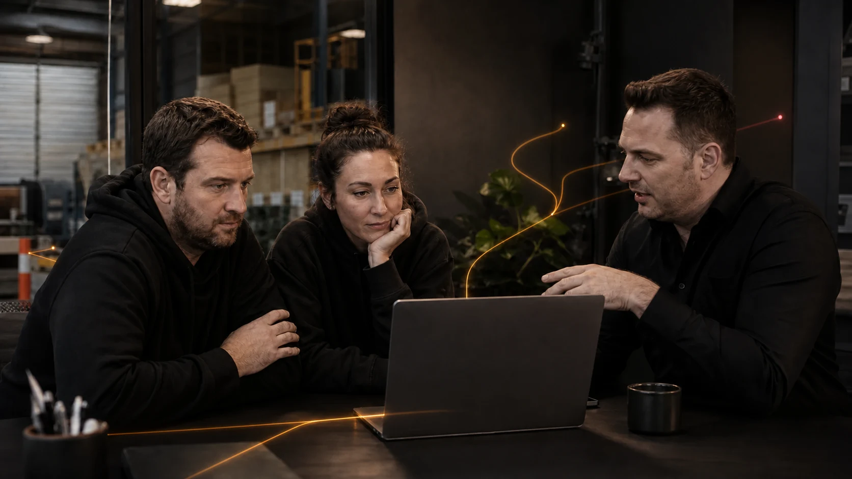 Warehouse business owners reviewing domain management with an IT adviser