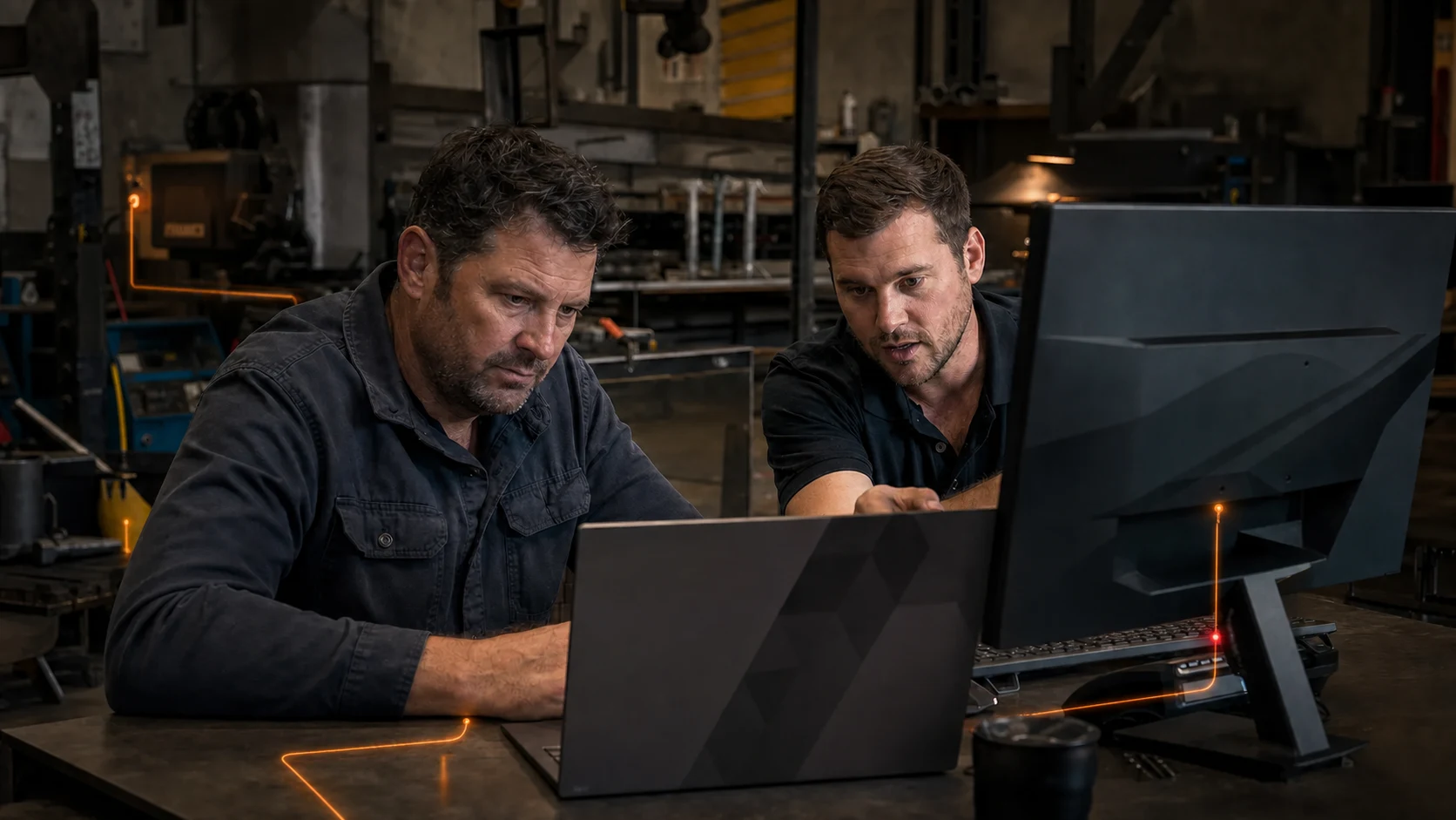 Workshop owner reviewing business device security with an IT technician