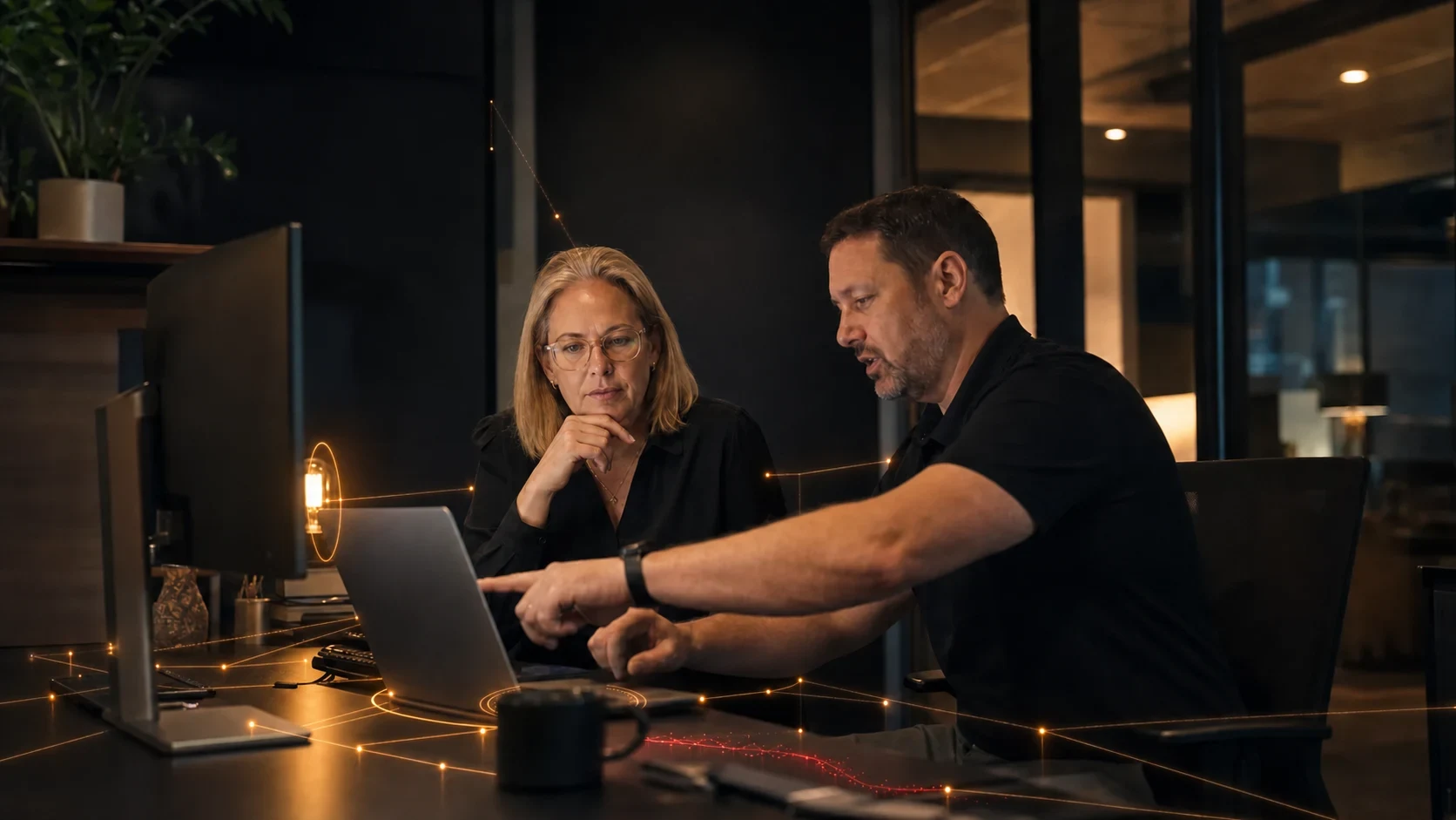 Small business owner reviewing a security alert with an IT adviser