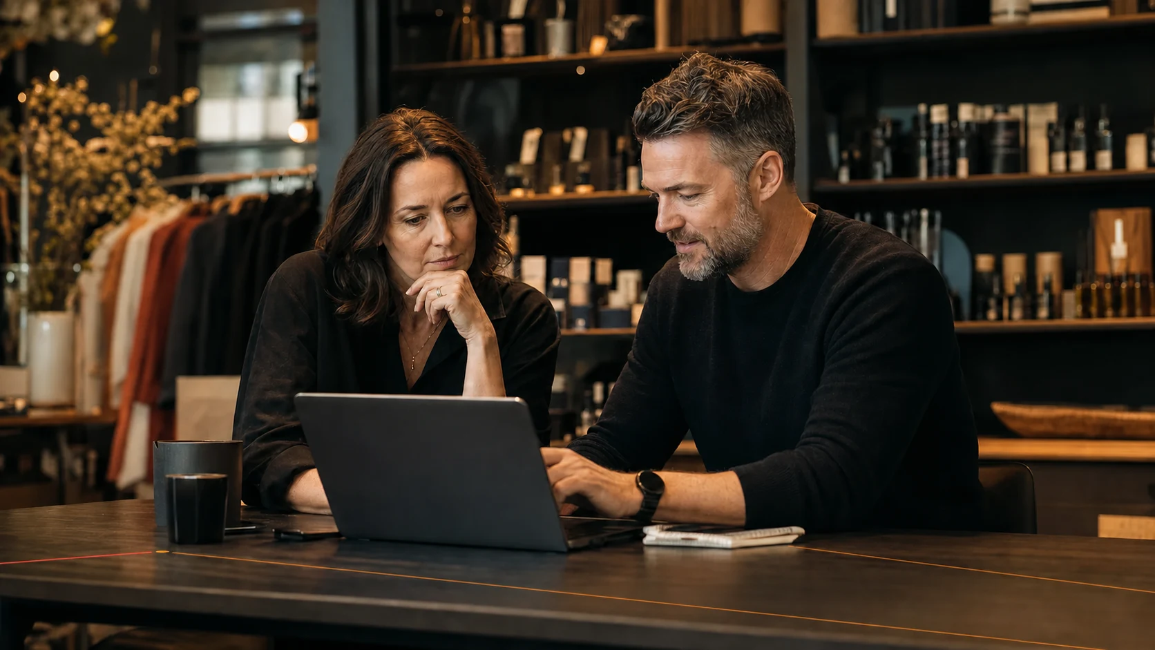 Retail business owner reviewing her managed website with a web specialist