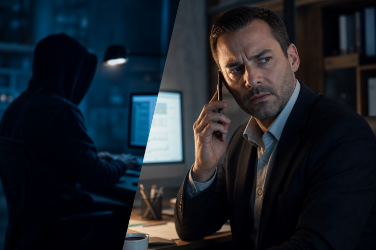 A concerned businessman on a phone call, split with an image of a hooded hacker working at a computer in the dark
