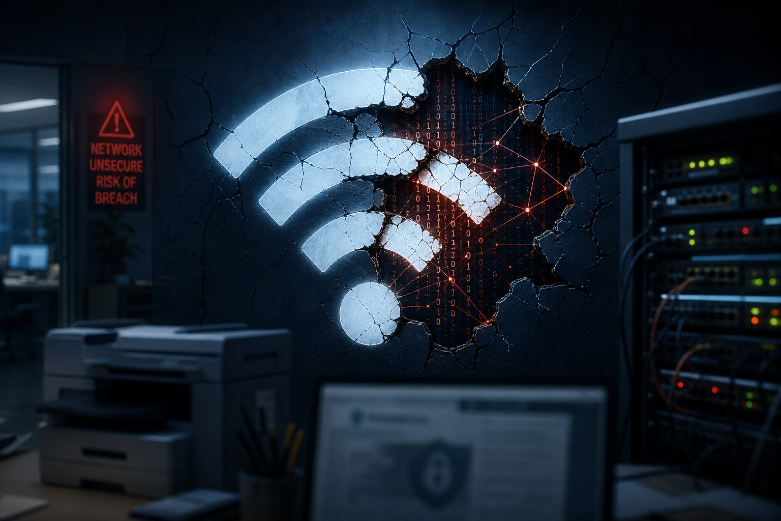 A cracked Wi-Fi symbol with a red warning sign reading "Network Unsecure Risk of Breach" in a dark server room, illustrating network security vulnerability