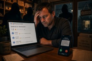 A distressed small business owner facing a fake review attack, with a laptop showing a 1-star Google Business Profile and a threatening phone message demanding review removal