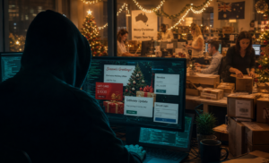 A hooded figure at a computer displaying Christmas-themed scam pop-ups including fake gift cards, invoices, and delivery updates, in a festive office setting