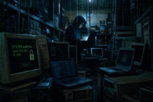 A hooded figure works on a laptop surrounded by computers displaying a system warning: Sensitive Data At Risk