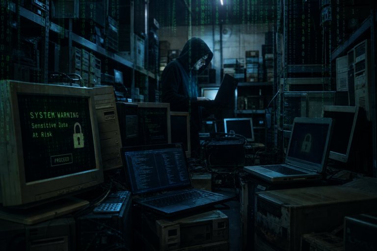A hooded figure works on a laptop surrounded by computers displaying a system warning: Sensitive Data At Risk