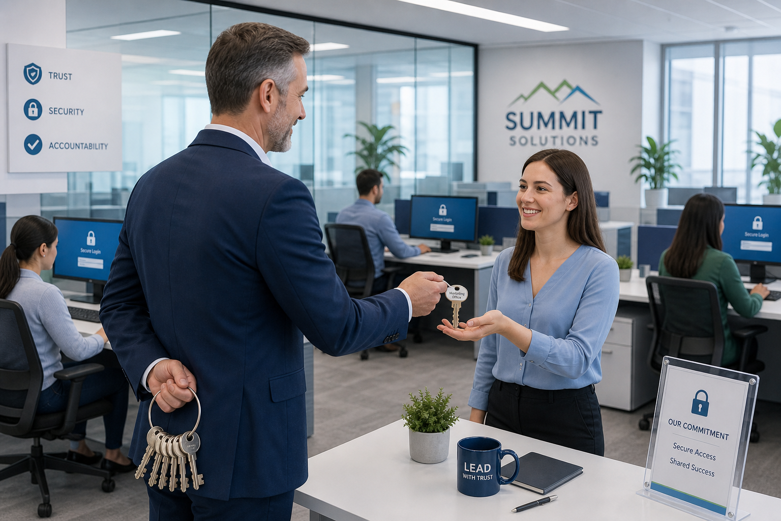 A man in a suit hands a key to a smiling woman at a desk in a Summit Solutions office, with Trust, Security and Accountability values displayed on the wall