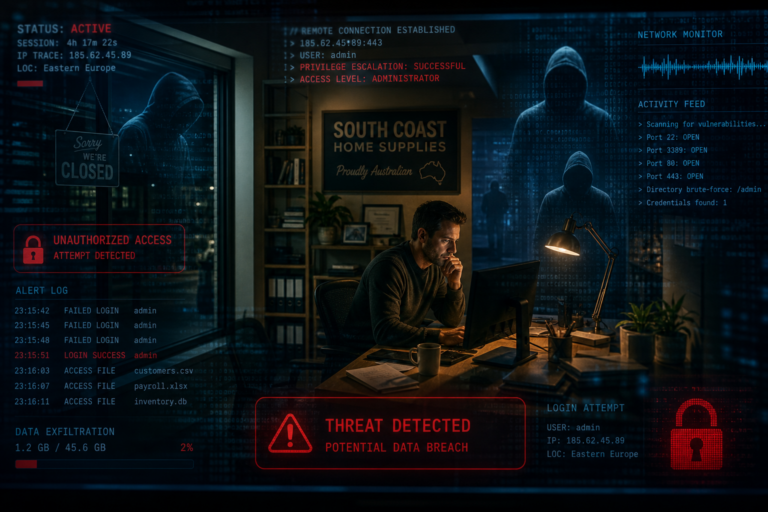 A small business owner at his desk unaware of a cyberattack in progress, with overlaid alerts showing unauthorised access, data breach warnings, and credential theft targeting South Coast Home Supplies