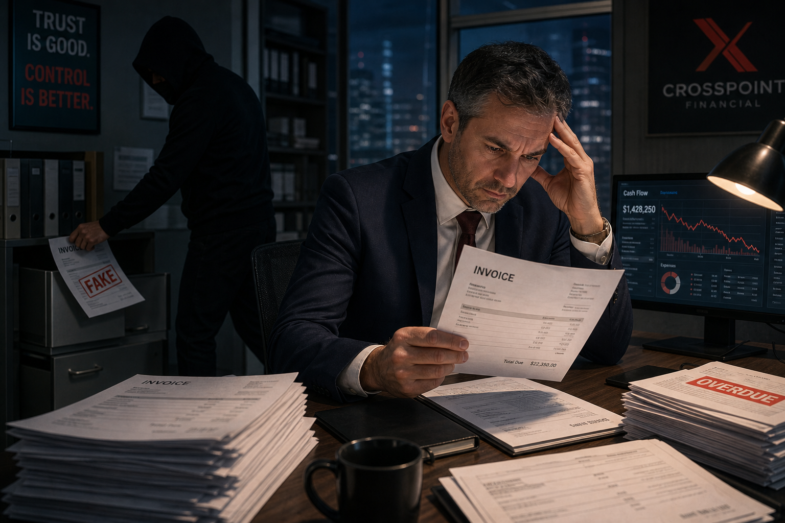A stressed businessman reviews a fake invoice at a desk piled with overdue documents while a hooded figure rifles through files behind him