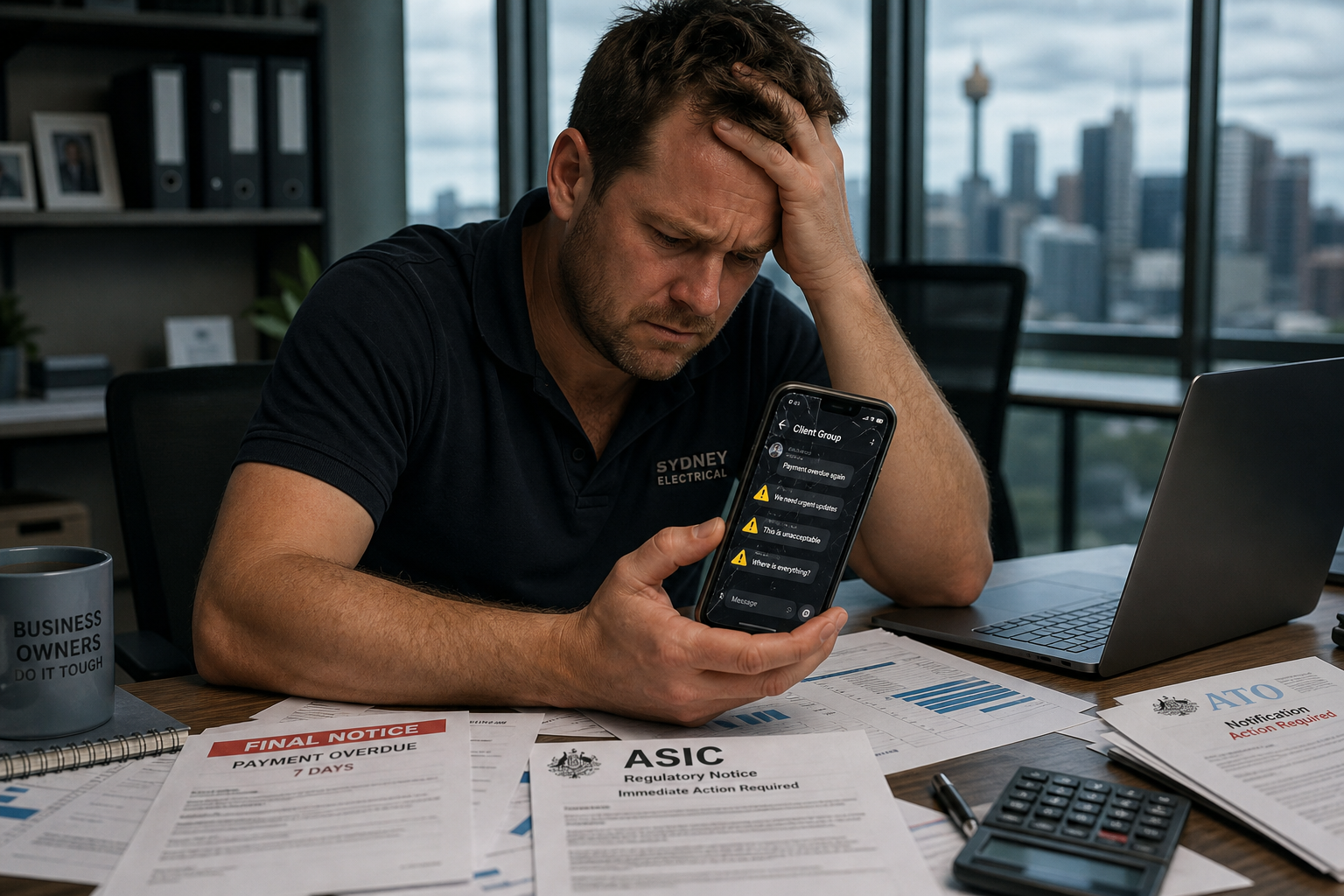 A stressed tradie reads urgent client complaints on his phone, surrounded by overdue payment notices, an ASIC regulatory notice, and an ATO notification