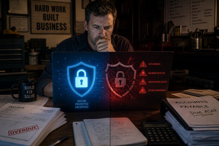A worried small business owner stares at a laptop showing cybersecurity warnings: data breach, malware detected, unauthorised access, and system compromised