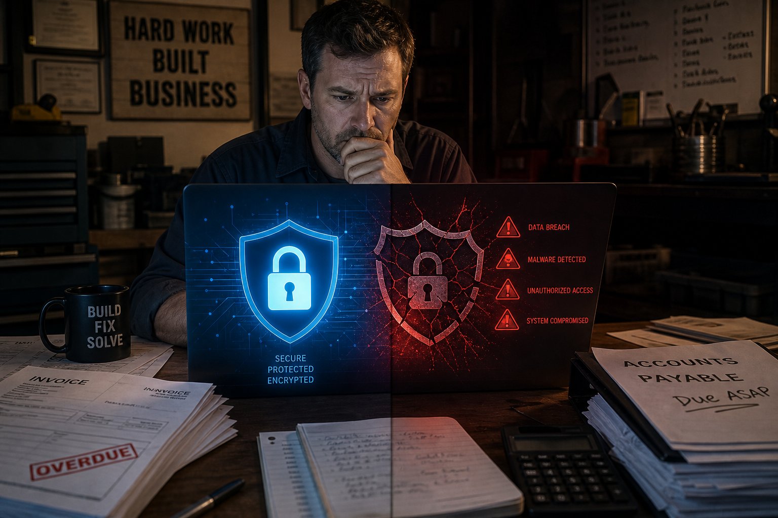 A worried small business owner stares at a laptop showing cybersecurity warnings: data breach, malware detected, unauthorised access, and system compromised