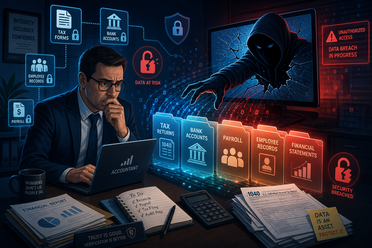 An accountant at a laptop looks alarmed as a hooded hacker reaches through a cracked screen toward sensitive financial data folders, with warnings of a data breach in progress