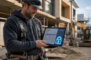 Construction worker on a building site holding a tablet displaying a secure invoice with a glowing padlock icon