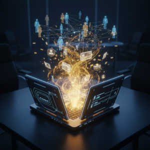 Futuristic laptop emitting a glowing digital vortex with holographic people, credit cards, and coins connected by a network grid