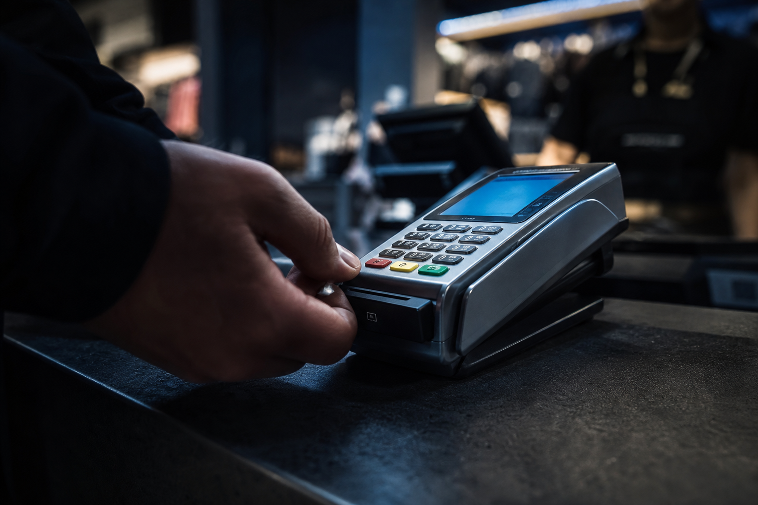 Hand pressing buttons on an EFTPOS terminal at a shop counter