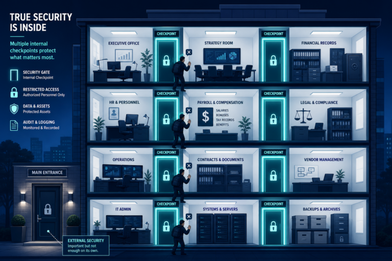 Infographic showing a multi-storey building cross-section where an intruder is blocked by internal security checkpoints across departments including IT Admin, HR, Payroll, and Executive Office, illustrating that true security requires multiple internal layers beyond just a main entrance, with a legend explaining security gates, restricted access, protected assets, and audit logging
