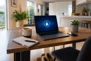 Laptop on a home dining table displaying a cybersecurity shield and padlock graphic, alongside a coffee mug and notepad