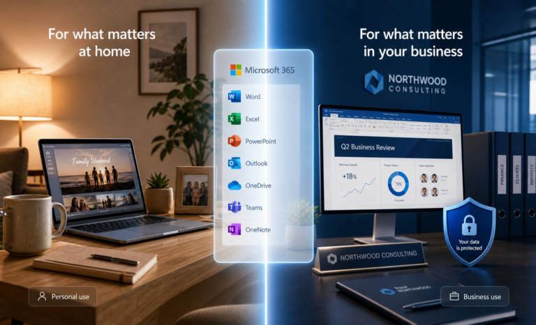 Microsoft 365 for personal use at home and business use, featuring Word, Excel, PowerPoint, Outlook, OneDrive, Teams, and OneNote