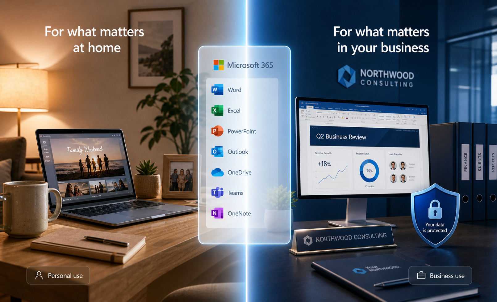 Microsoft 365 for personal use at home and business use, featuring Word, Excel, PowerPoint, Outlook, OneDrive, Teams, and OneNote