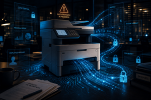 Office printer transmitting sensitive documents — confidential, financial, and employee records — as glowing data streams, highlighting printer security risks