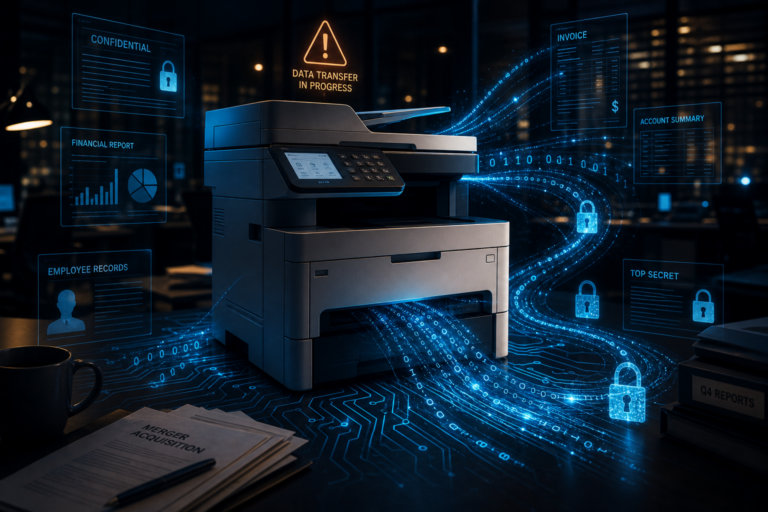 Office printer transmitting sensitive documents — confidential, financial, and employee records — as glowing data streams, highlighting printer security risks