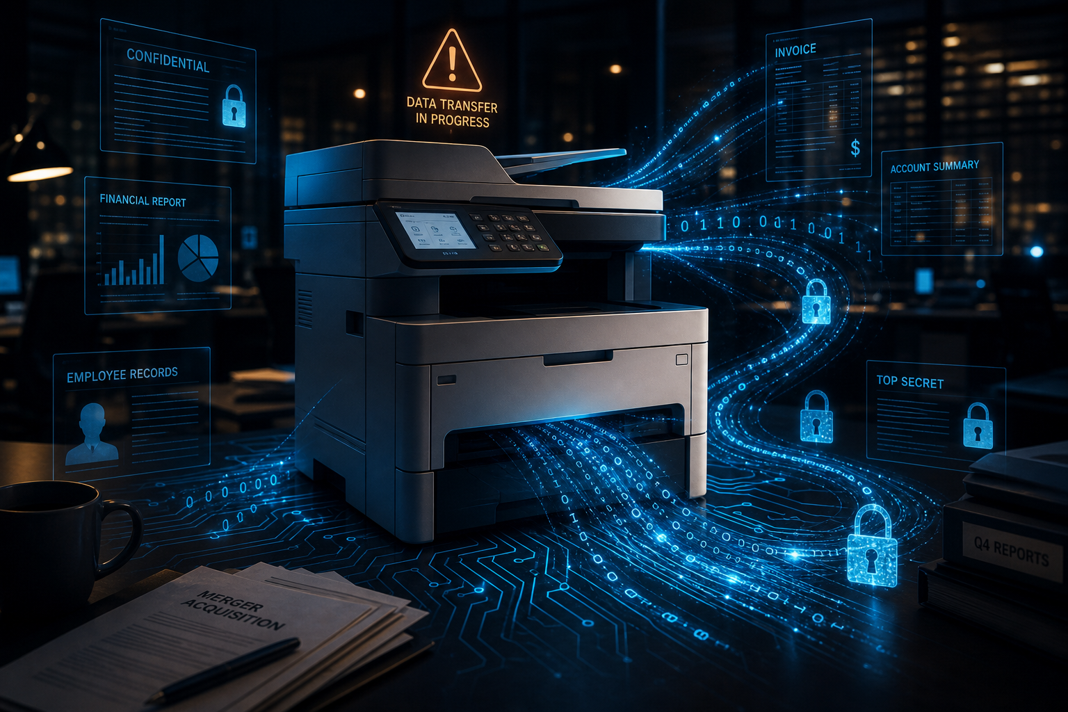 Office printer transmitting sensitive documents — confidential, financial, and employee records — as glowing data streams, highlighting printer security risks