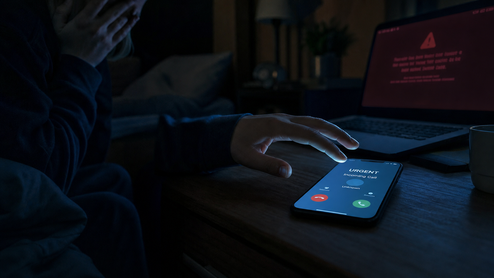 Person reaching for a phone showing an urgent unknown incoming call, with a laptop displaying a red warning screen in the background