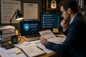 Professional reviewing tax summary documents at a desk with EOFY checklist, June 30 deadline calendar, and security alert on laptop screen