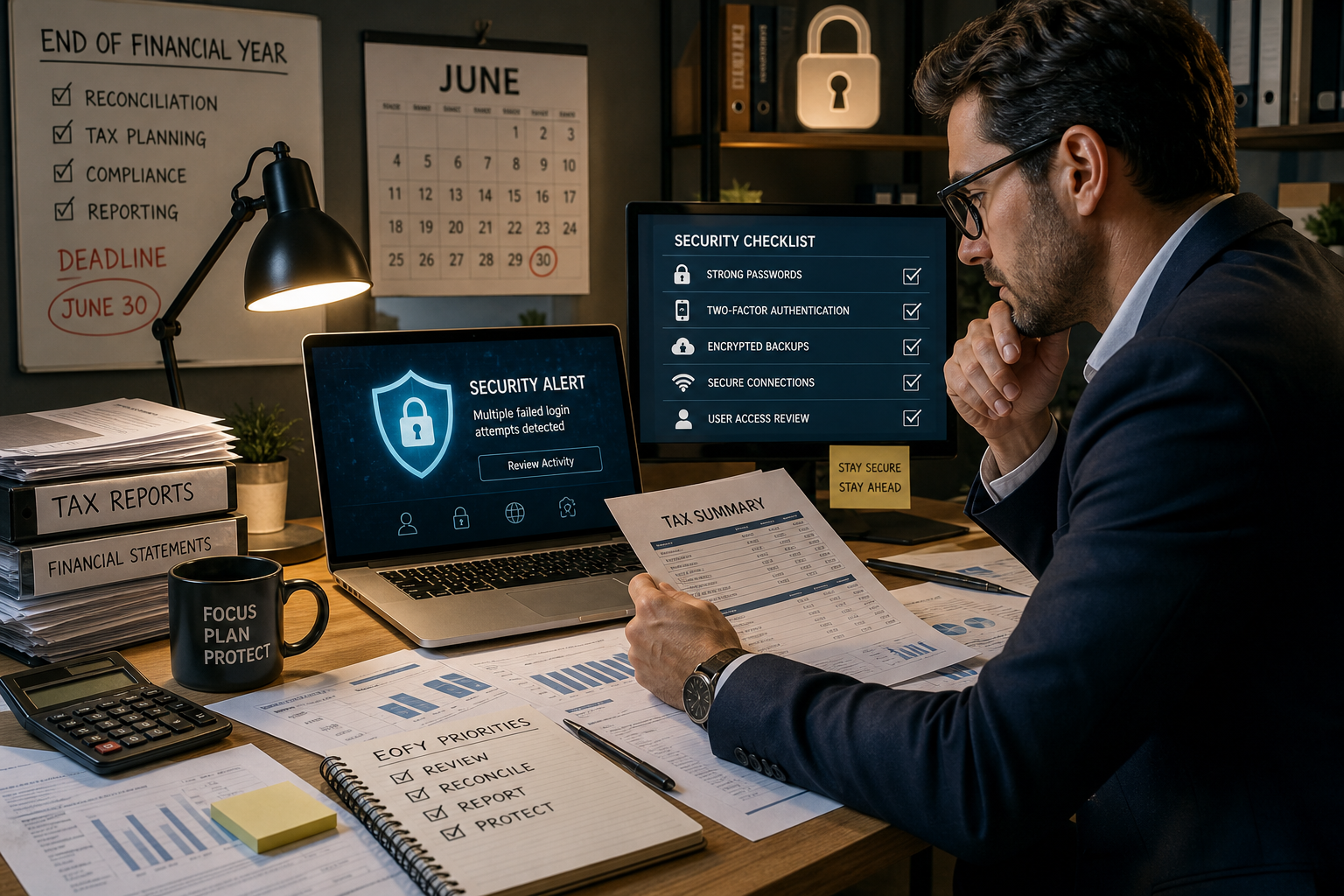 Professional reviewing tax summary documents at a desk with EOFY checklist, June 30 deadline calendar, and security alert on laptop screen