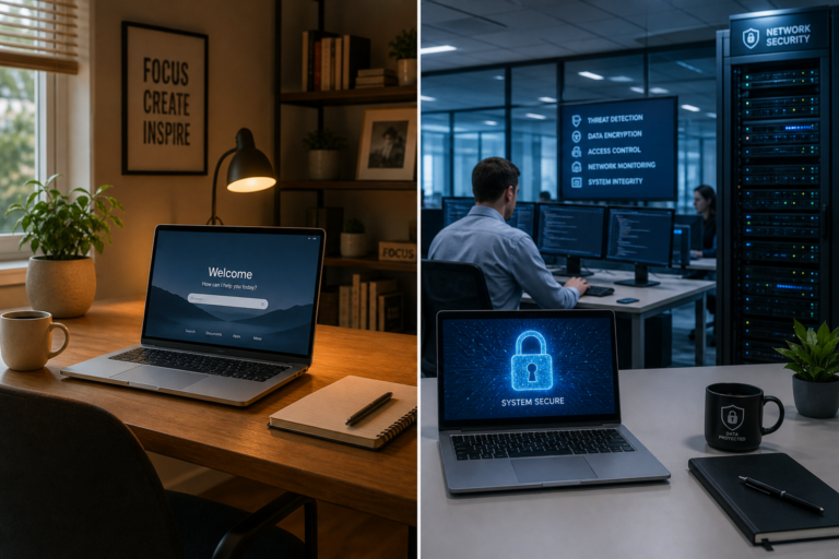 Side-by-side comparison of a home office with a welcome screen laptop and a network security operations centre showing a system secure laptop and server racks