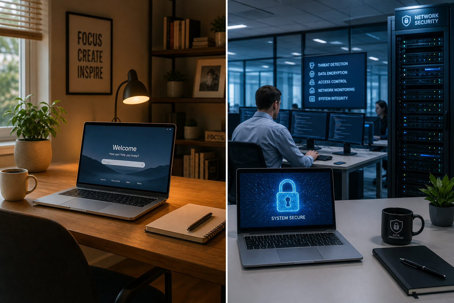 Side-by-side comparison of a home office with a welcome screen laptop and a network security operations centre showing a system secure laptop and server racks