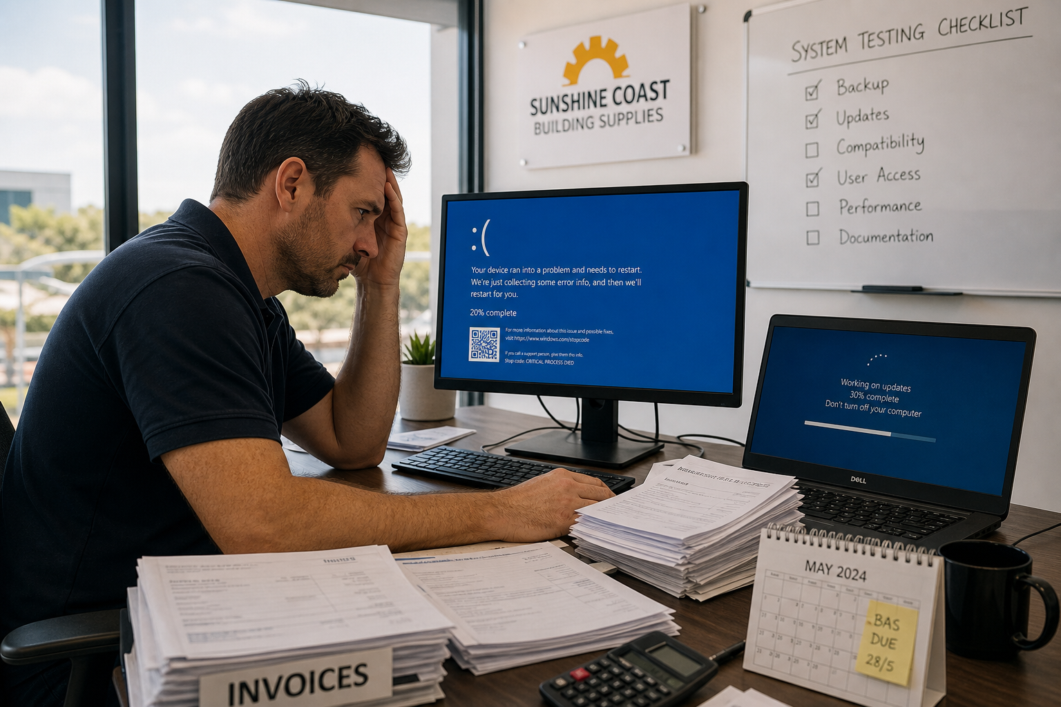 Stressed business owner at desk with a Windows blue screen of death on monitor, laptop updating, overdue BAS and invoices piling up