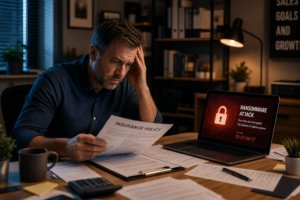 Stressed man reviewing an insurance policy document beside a laptop displaying a ransomware attack warning with a countdown timer
