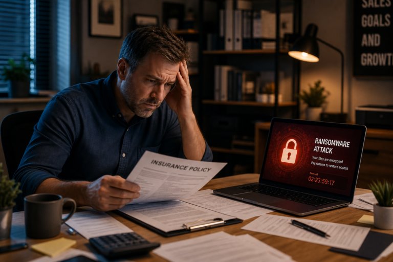 Stressed man reviewing an insurance policy document beside a laptop displaying a ransomware attack warning with a countdown timer