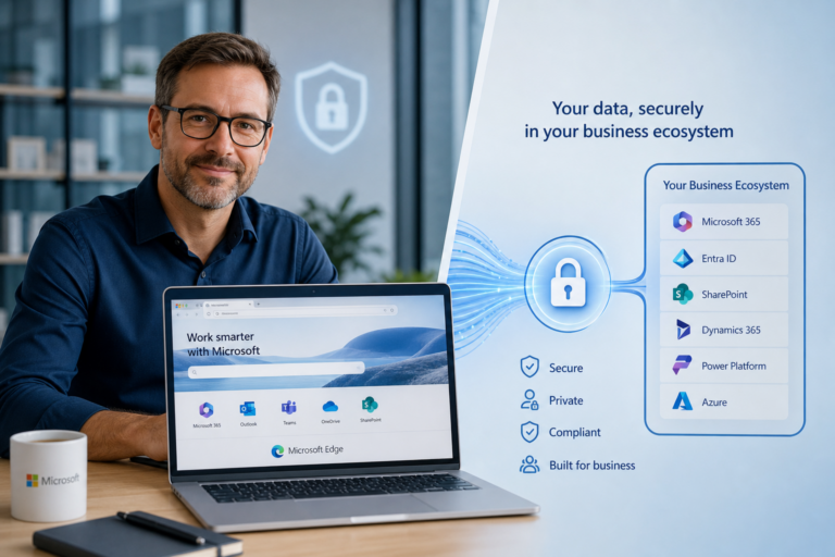 Your data, securely in your business ecosystem — secure, private, compliant, and built for business across Microsoft 365, Entra ID, SharePoint, Dynamics 365, Power Platform, and Azure