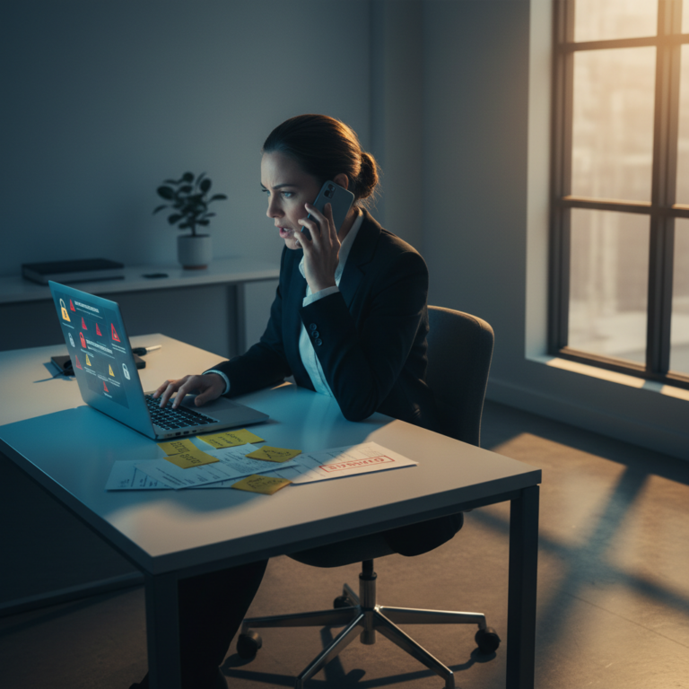 A woman in a suit on a phone call, working at a laptop displaying security warning alerts, with urgent documents on her desk