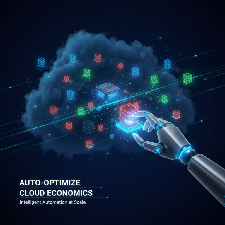 Auto-Optimize Cloud Economics – Intelligent Automation at Scale: a robotic hand interacting with a connected cloud infrastructure network