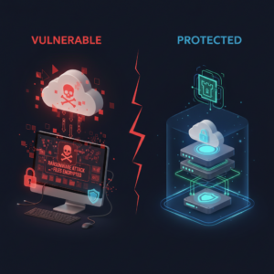 Comparison graphic: vulnerable system showing a ransomware attack with files encrypted versus a protected system secured behind layered cloud defences and a digital lock