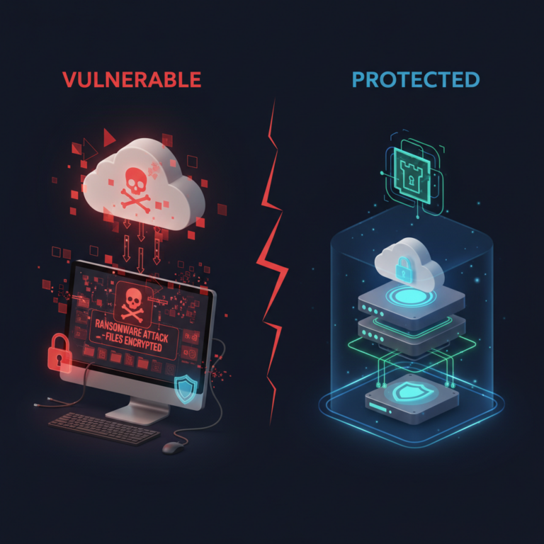 Comparison graphic: vulnerable system showing a ransomware attack with files encrypted versus a protected system secured behind layered cloud defences and a digital lock