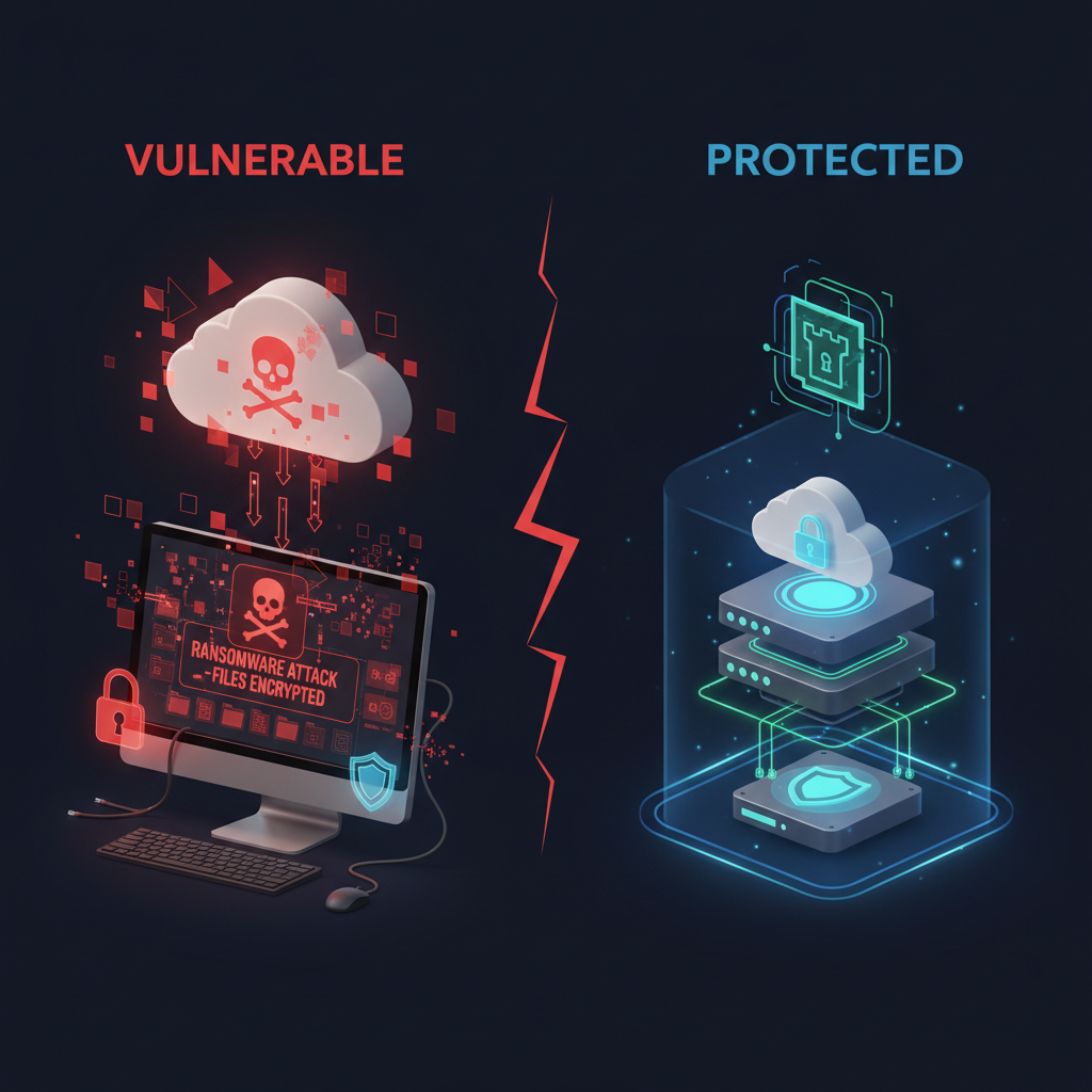Comparison graphic: vulnerable system showing a ransomware attack with files encrypted versus a protected system secured behind layered cloud defences and a digital lock