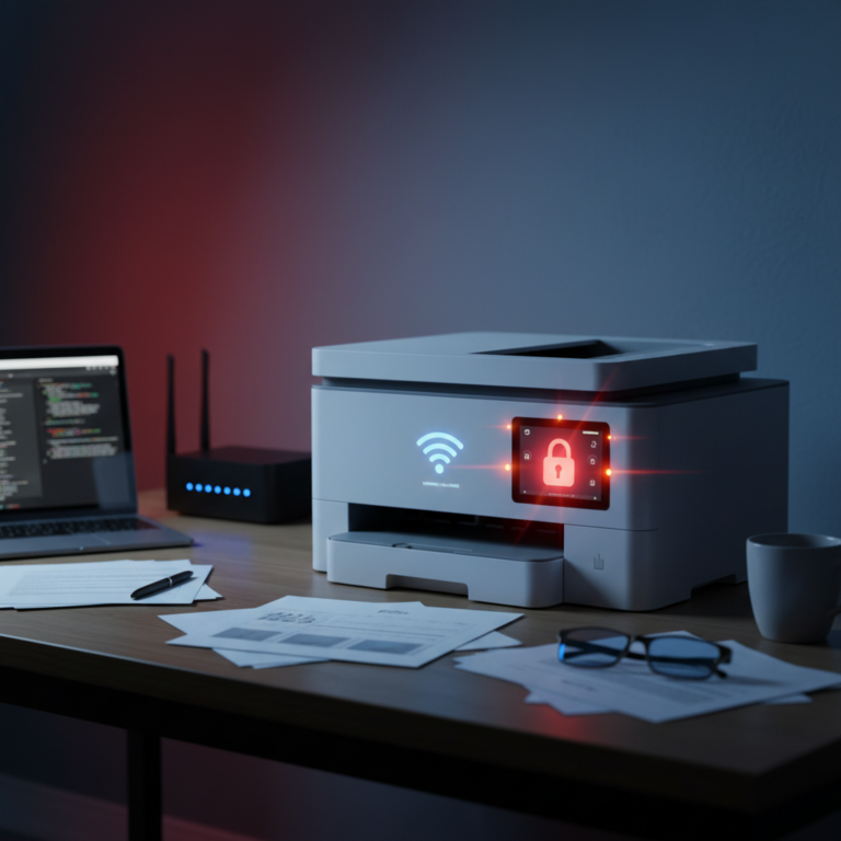 Office printer displaying a red security lock warning icon, with a Wi-Fi symbol, router, and laptop on a dimly lit desk