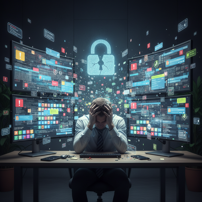 Person slumped at a desk surrounded by multiple monitors displaying warnings and alerts, with a cracked padlock icon above, symbolising a cybersecurity breach