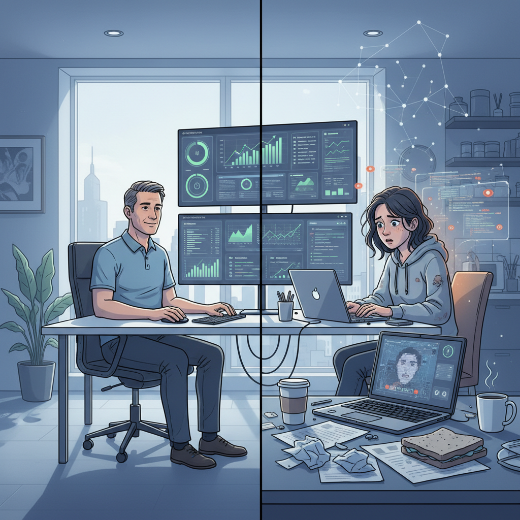 Split illustration contrasting a calm, organised worker at a tidy desk with a stressed worker surrounded by clutter and overwhelming data screens