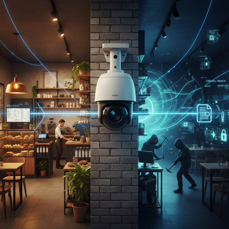 Split image contrasting a secure café with CCTV camera against a dark scene showing cyber intruders and firewall breach warnings