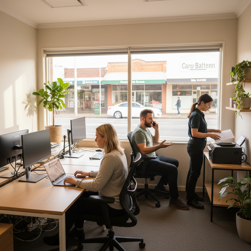 Three office workers in a small workspace: one typing on a laptop, one on a phone call, and one using a printer
