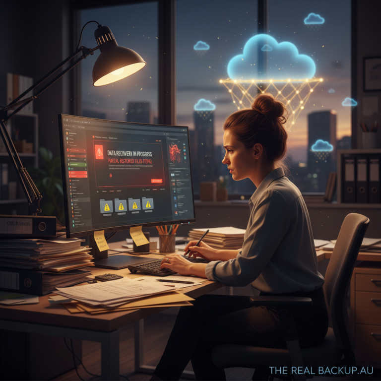 Woman at a desk monitoring a screen showing a data recovery in progress alert, with cloud backup icons visible in the background
