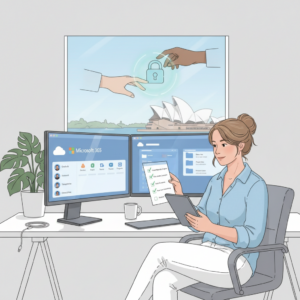 Woman at a desk with Microsoft 365 on dual monitors, holding a checklist tablet, with Sydney Opera House and a security lock icon in the background